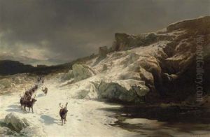 Elk In A Snowy Landscape by Hermann Herzog