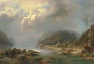 Alpine Lake Scene by Hermann Herzog