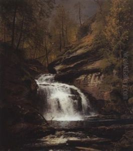 Forest Interior With Waterfall by Hermann Herzog