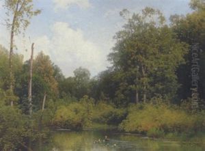 Forest Landscape With Pond And Ducks by Hermann Herzog