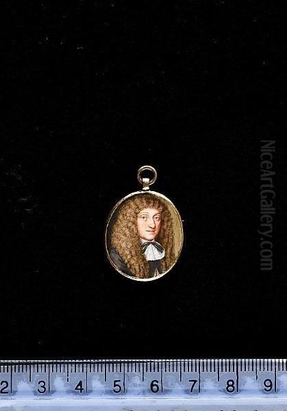 A Gentleman, Wearing Black Cloak, White Lace Jabot And Black Ribbon Bow And Long Curled Natural Wig. - view 1