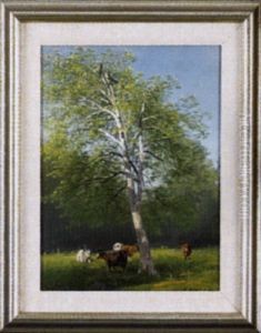 Pastoral Landscape With Cows Grazing Beneath A Birch Tree