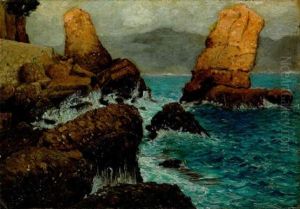 Waves Crashing On A Rocky Coast by Hermann Herzog