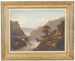 Western Scene Of Indians Camped Beside A Rushing Waterfall With Snow Capped Peaks In The Background