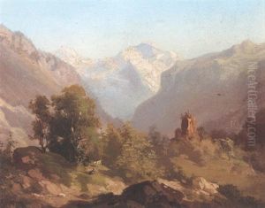 An Alpine Landscape With Goats by Hermann Herzog