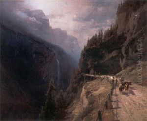 A Swiss Mountain Landscape With Figures And Cattle On A Path by Hermann Herzog