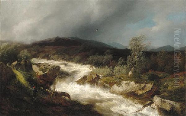Fisherman By A Waterfall - view 1