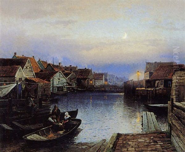 Boats Docking Along The City Canal At Night - view 1