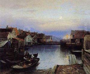 Boats Docking Along The City Canal At Night Boats Docking Along The City Canal At Night