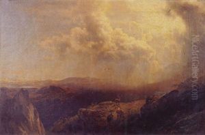 Stags At Crest Of Mountain by Hermann Herzog