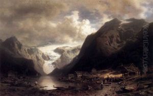 An Extensive Fjord Scene With Figures On The Shore In The Foreground And A Glacier Beyond by Hermann Herzog