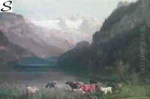 Alpine Landscape With Cattle Watering - view 1