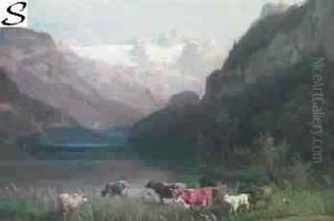 Alpine Landscape With Cattle Watering