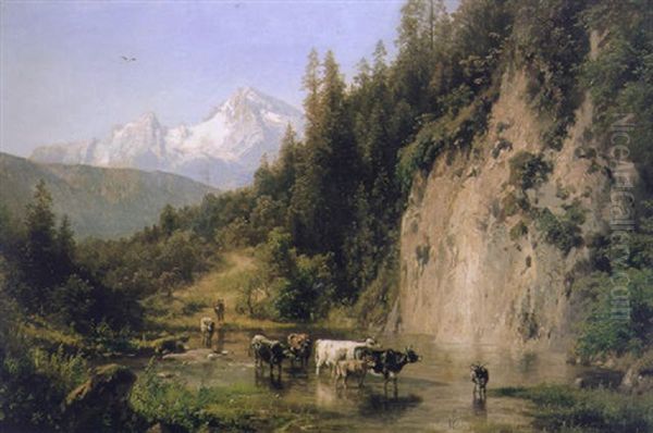 Cattle Watering In A Mountainous River Landscape - view 1