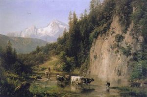 Cattle Watering In A Mountainous River Landscape by Hermann Herzog
