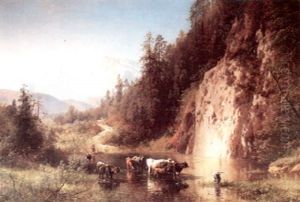 Shepherd With Herd Watering In An Alpine Stream by Hermann Herzog