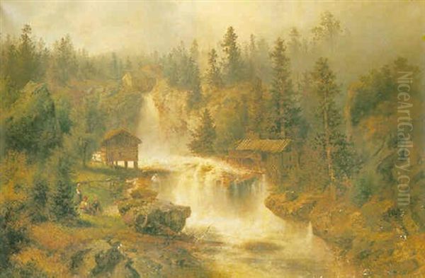 Figures Before A Mill In A Mountainous River Landscape - view 1