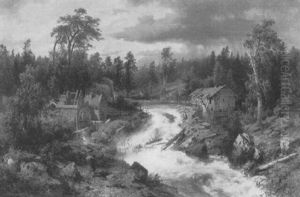 Landscape With Rushing River And Old Water Mill by Hermann Herzog