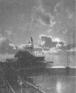 Moonlight Over The Dock by Hermann Herzog