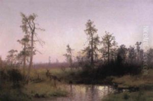 Deer In Moonlit Landscape by Hermann Herzog