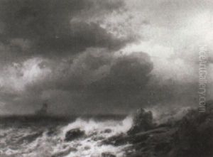 Rough Coast With Gulls And Ship At Sea