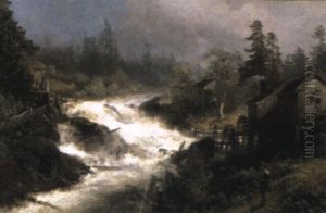 A River Torrent In A Wooded Landscape by Hermann Herzog