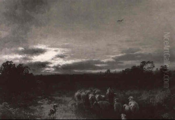Shepherd Returning With His Flock At Sunset - view 1