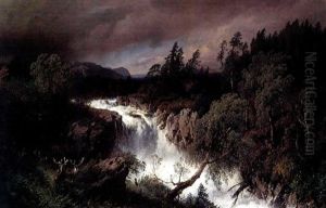 Mountain Landscape And Waterfall by Hermann Herzog