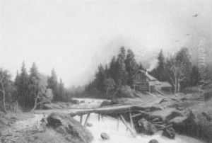 An Alpine River In Spate With An Angler And Child On A Bank