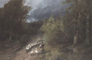 Goose Girl In Landscape by Hermann Herzog