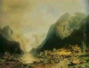 Fisherman's Village On An Alpine Lake by Hermann Herzog