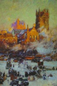 A City In Winter, With Gothic Spire And Churches