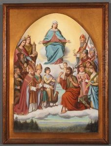 The Virgin In Heaven Above A Gathering Of Saints, Including St. George, St. Margaret, St. Stephen, St. Lawrence, St. Blaise, St. Hubert, St. Catherine Of Alexandria, St. Barbara, St. Christopher And Others by Auguste Hess