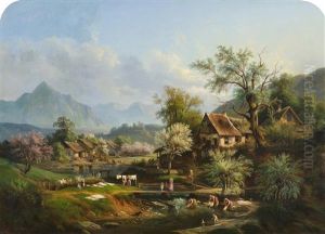 Fruhlingslandschaft Mit Wascherinnen Am Fluss by Benedikt Franz Hess