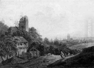 Blick Von Erhohter Warte Auf Ein Altes Stadtchen Mit Figurenstaffage by Benedikt Franz Hess