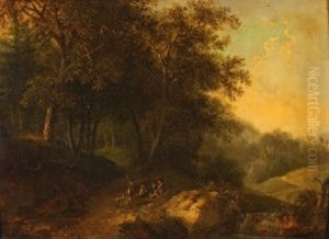 Waldlandschaft Mit Jagern Und Hunden by Ludwig Hess