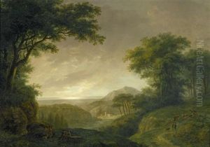 Weite Bukolische Landschaft Mit Hirtenpaar by Ludwig Hess