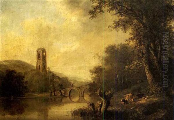 Flusslandschaft Mit Steinbrucke Und Kirchturmruine - view 1