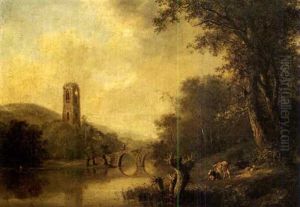 Flusslandschaft Mit Steinbrucke Und Kirchturmruine