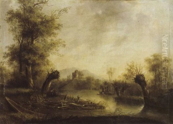 Romantische Flusslandschaft Mit Burgruine Im Mittelgrund - view 1