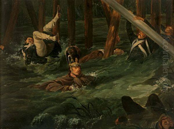 Zusammenbruch Der Kinzig-brucke In Der Schlacht Von Hanau Wahrend Der Verteidigung Durch Den Bayrischen Cheveauleger-lieutnant Von Zobel - view 1