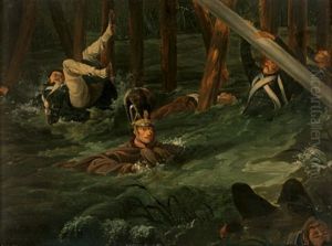 Zusammenbruch Der Kinzig-brucke In Der Schlacht Von Hanau Wahrend Der Verteidigung Durch Den Bayrischen Cheveauleger-lieutnant Von Zobel by Peter Heinrich Lambert Von Hess
