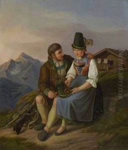 Sennerin Und Jager Vor Der Almhutte Sennerin Und Jager Vor Der Almhutte