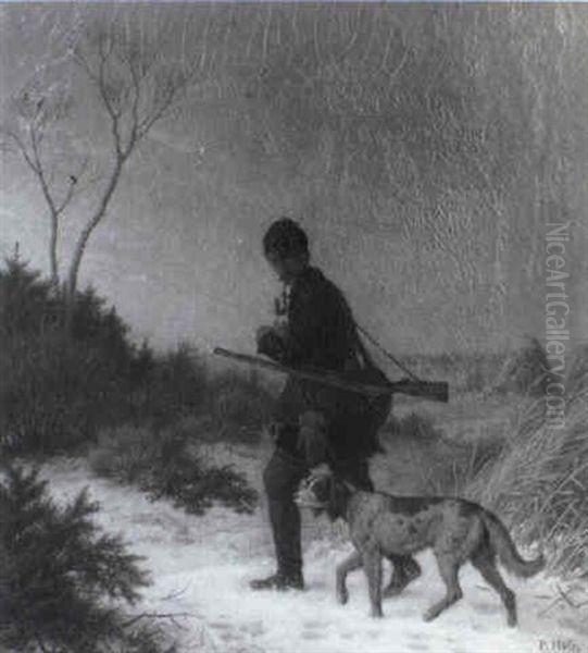 Jager Mit Seinem Hund In Winterlandschaft - view 1
