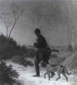 Jager Mit Seinem Hund In Winterlandschaft by Peter Heinrich Lambert Von Hess