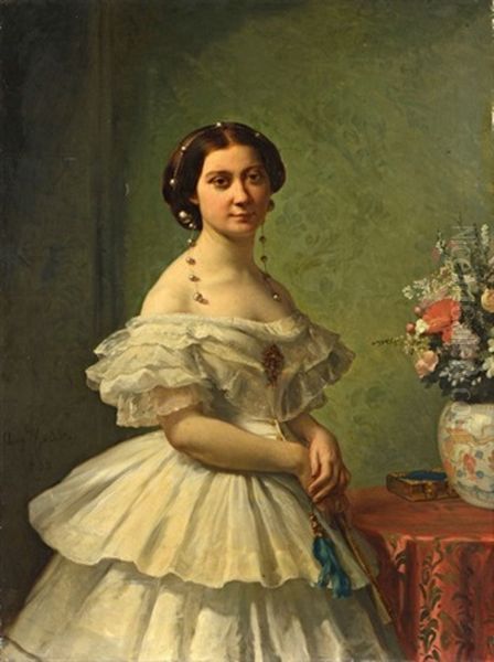 Portrait De Jeune Femme A La Robe Blanche Frottements Dus A L'ancien Emplacement Du Cadre - view 1