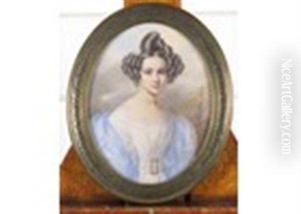 Portrait Miniature Of A Lady, Half Length In A Blue And White Dress - view 1
