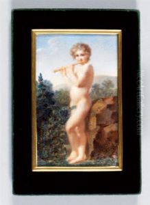 Enfant A La Flute Debout Dans Un Paysage Pres D'un Massif De Fleurs by Henri-Joseph Hesse