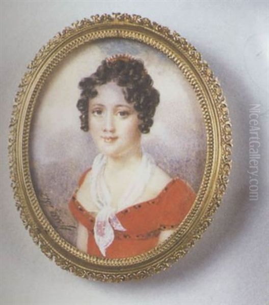Portrait De Jeune Femme En Robe Rouge, Echarpe De Gaze Blanche Et Peigne De Corail Dans Sa Chevelure Bouclee.  Fond De Ciel Nuageux. - view 1