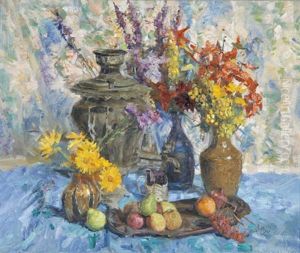 Stilleben Mit Samowar, Vasen, Blumen Und Fruchten by Rudolf Hesse
